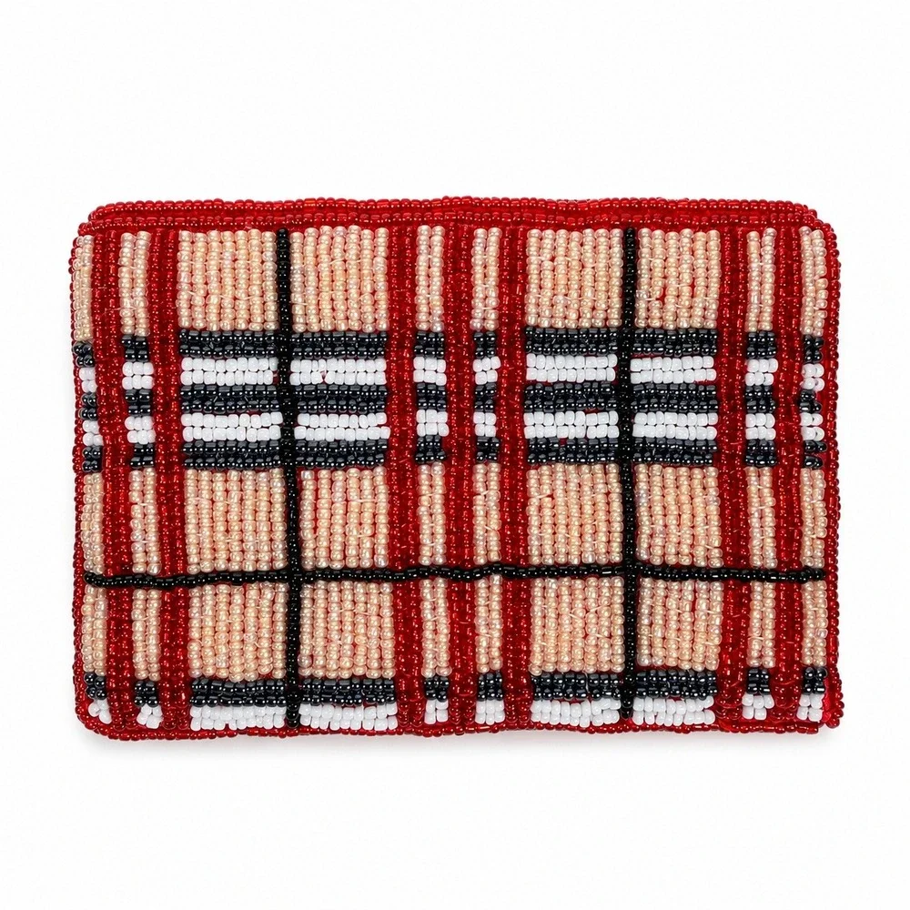 Vintage Coin Purse Plaid Beaded Red Tan White Black Zippered Card ID Pouch